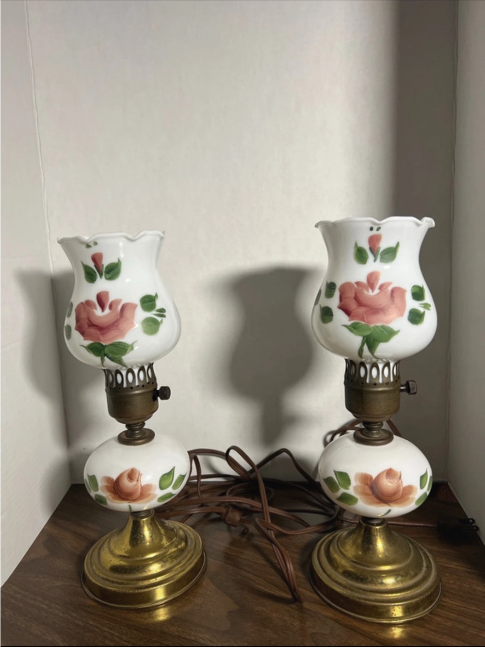 12” in height -Vintage Pair of White Floral Milk Glass Table Lamps